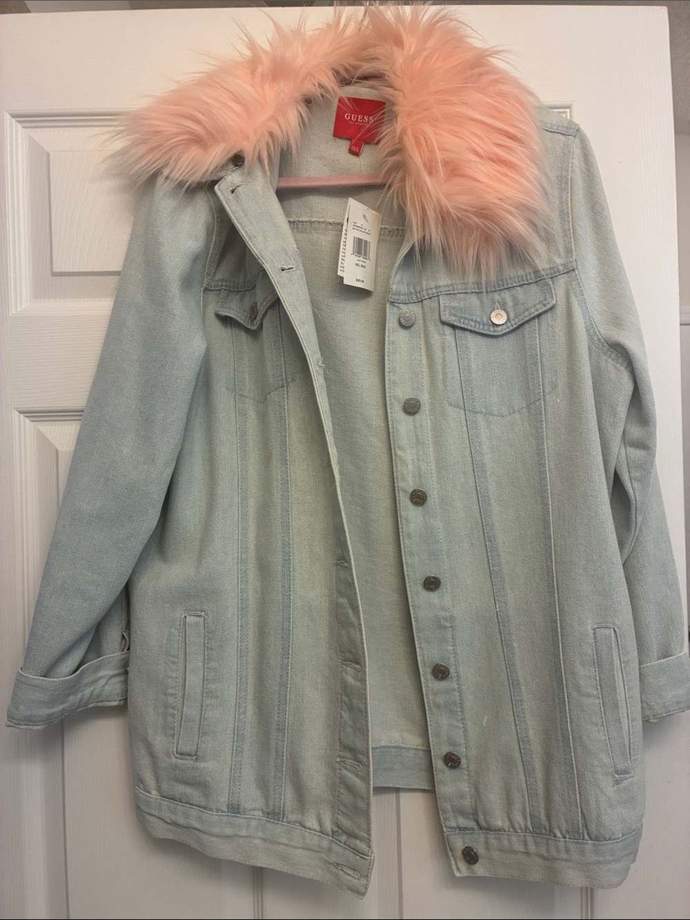 Guess Light Wash Denim Coat with Blush Pink Faux Fur Collar